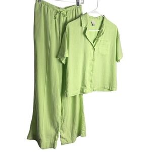 A New Day Women Linen-Blend 2 Piece Set Size XS Lime Green Shirt Wide Leg Pants